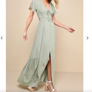 Lulu's Completely In Love Sage Green Swiss Dot Button-Front Maxi Dress